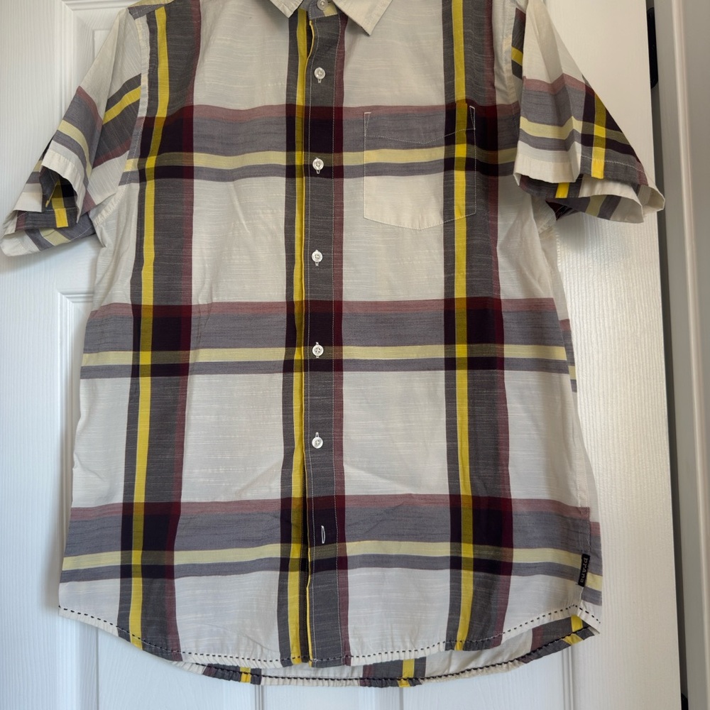 Men's Prana short sleeved Plaid Button-Up Shirt - White, Yellow, Gray